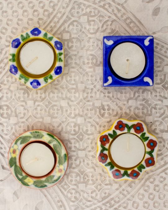 Blue Pottery Handcrafted Candle Holders Set of 4