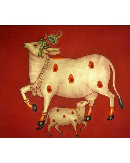 Painting of Cow and Calf on Cotton Cloth (unframed)