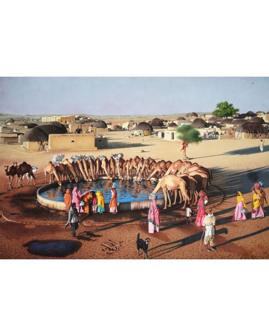 Camels Drinking Water Canvas Painting (unframed)