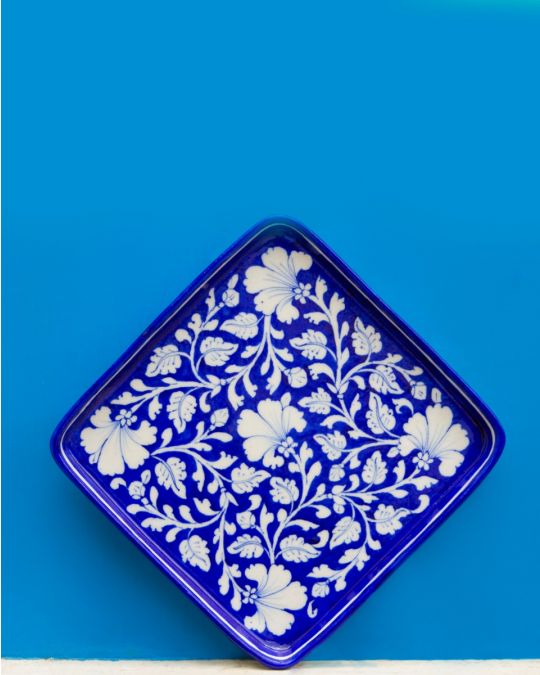 Blue Pottery Floral Design Serving Tray