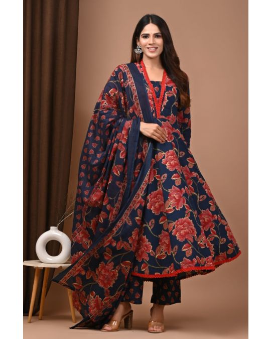 Blue-Black Handblock Cotton Anarkali Suit Set with Dupatta & Palazzo