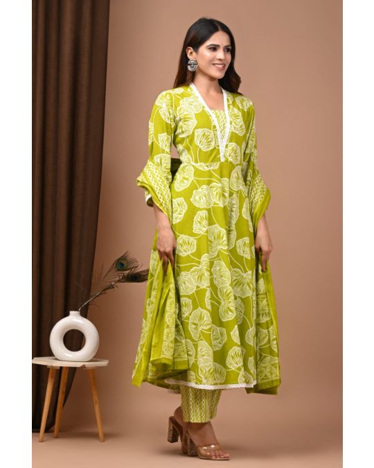 Lime Green Handblock Cotton Anarkali Suit Set with Dupatta & Palazzo