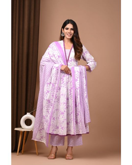 Pink-White Floral Handblock Cotton Anarkali Suit Set with Dupatta & Palazzo