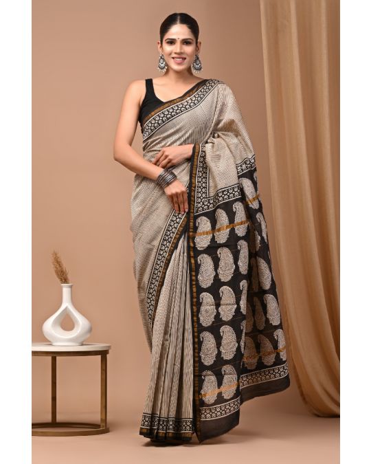 Bagru Hand Block Chanderi Silk Saree