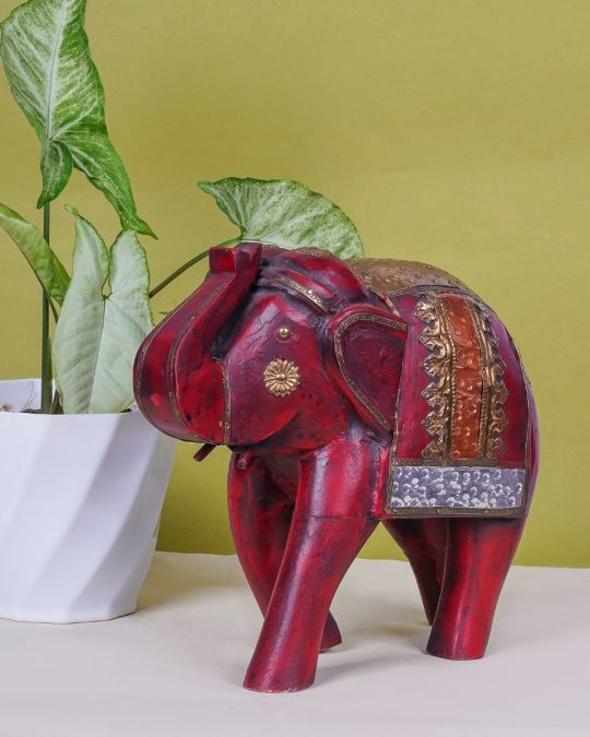 Elephant Trunk Up Hand-Painted Wooden Statue