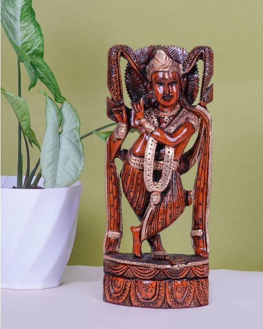 Lord Krishna Figurine Hand Carved Wooden Craft