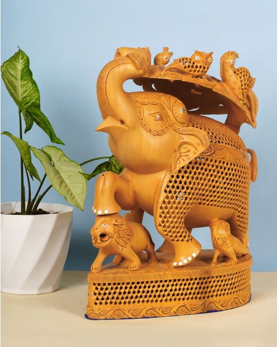 Hand-Carved Elephant Trunk Up Ambari - 15 Inches