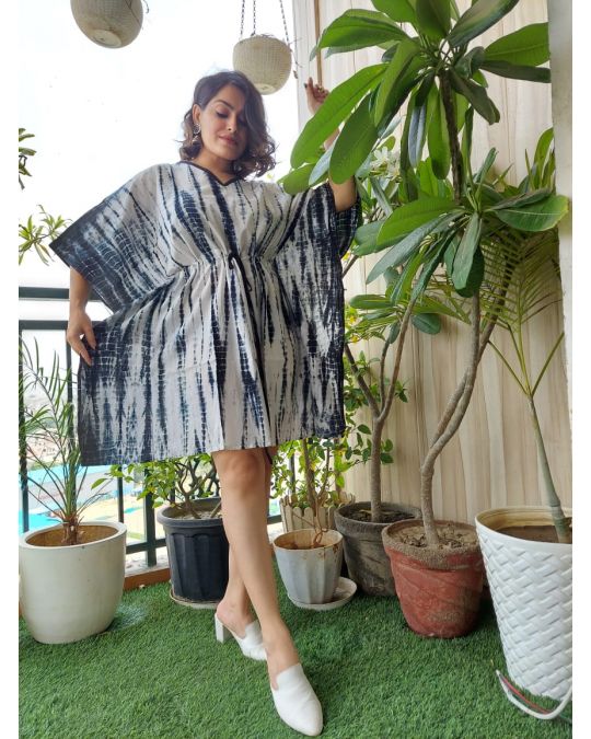 Bagru Block Printed Short Kaftan Tie and Dye White