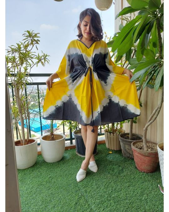 Bagru Block Printed Short Kaftan Yellow