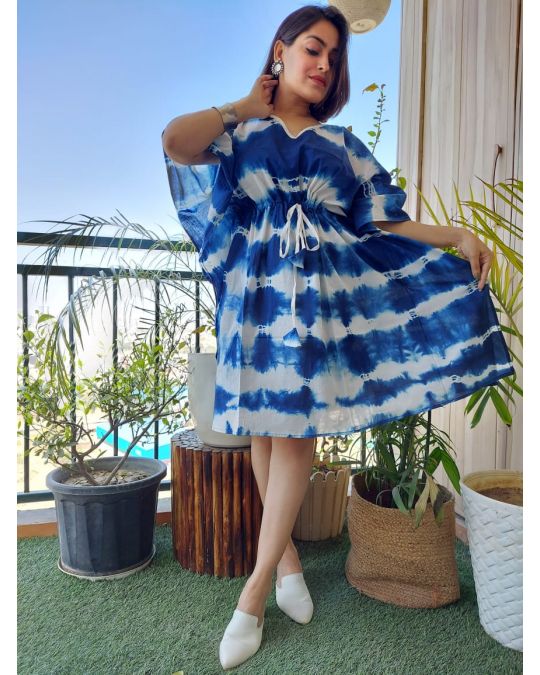 Bagru Block Printed Short Kaftan White and Blue