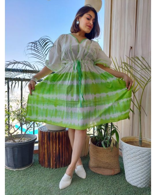 Bagru Block Printed Short Kaftan Green and White
