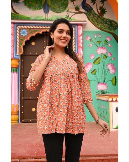 Bagru Print V neck Top