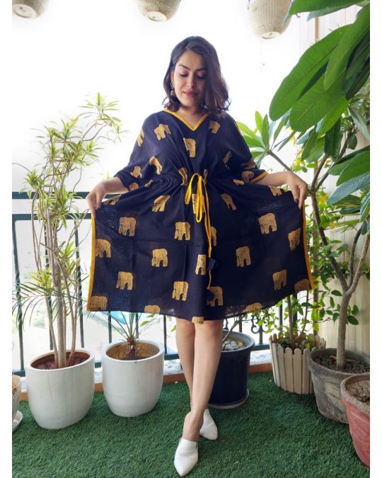 Bagru Block Printed Short Kaftan Black Blue and Yellow