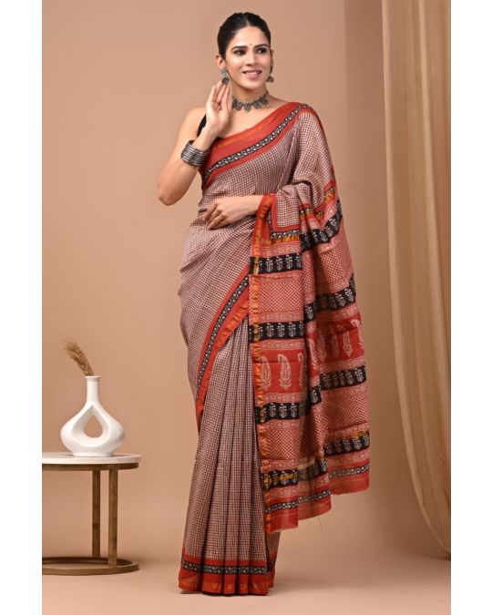 Bagru Hand Block Printed Chanderi Saree