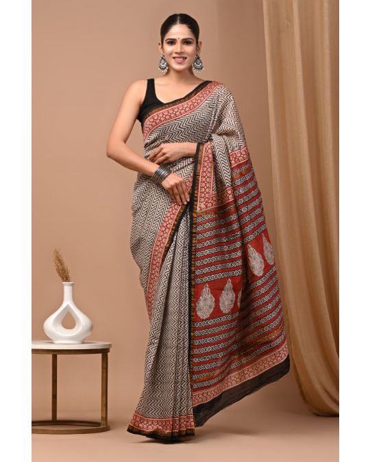 Bagru Hand Block Chanderi Silk Saree