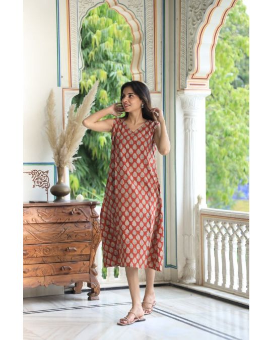 Bagru Hand Block Printed A line Dress
