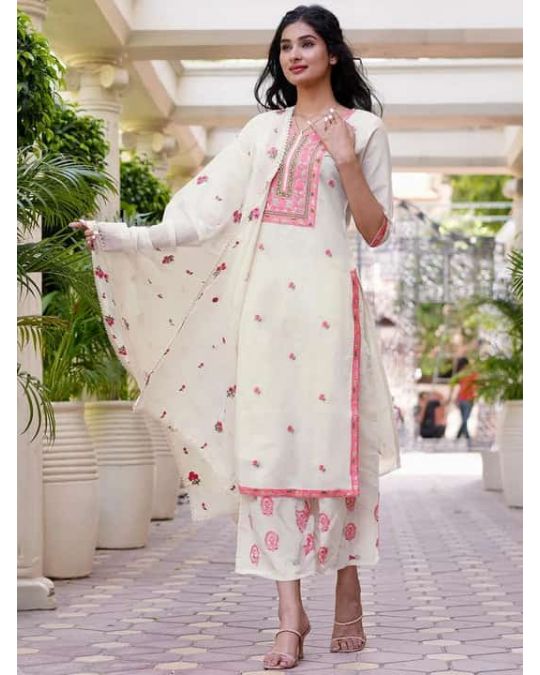 Off White Cotton Kurta 3 pc set