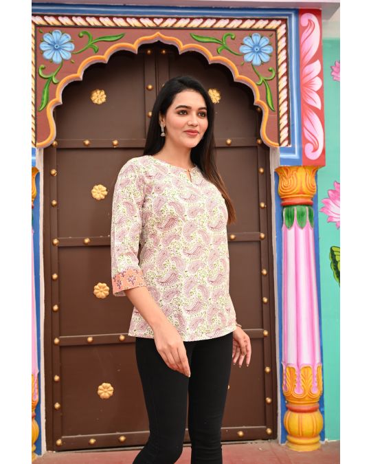 White Pink Motif Kurti