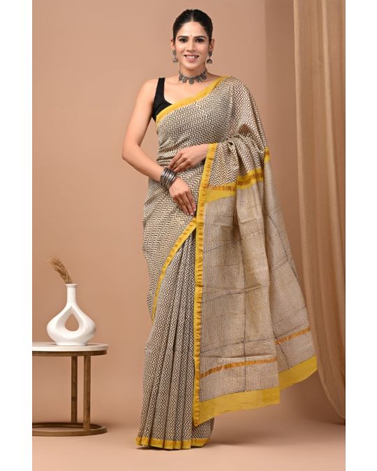 Bagru Hand Block Chanderi Silk Saree